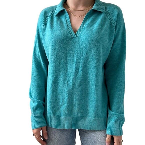 Lands Ends Womens Teal Blue 100% Cashmere Soft V Neck Collared Sweater Sz XL - Picture 2 of 8